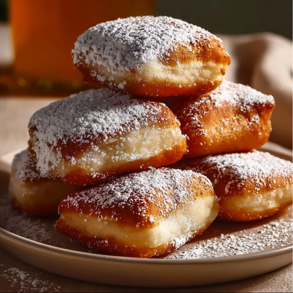 Fluffy vanilla beignets dusted with powdered sugar on a plate