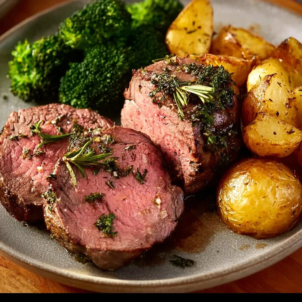 Succulent beef tenderloin dish served with vegetables and herbs
