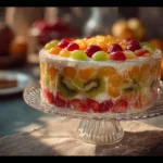 Colorful flavored jello salad garnished with fruit on a white plate