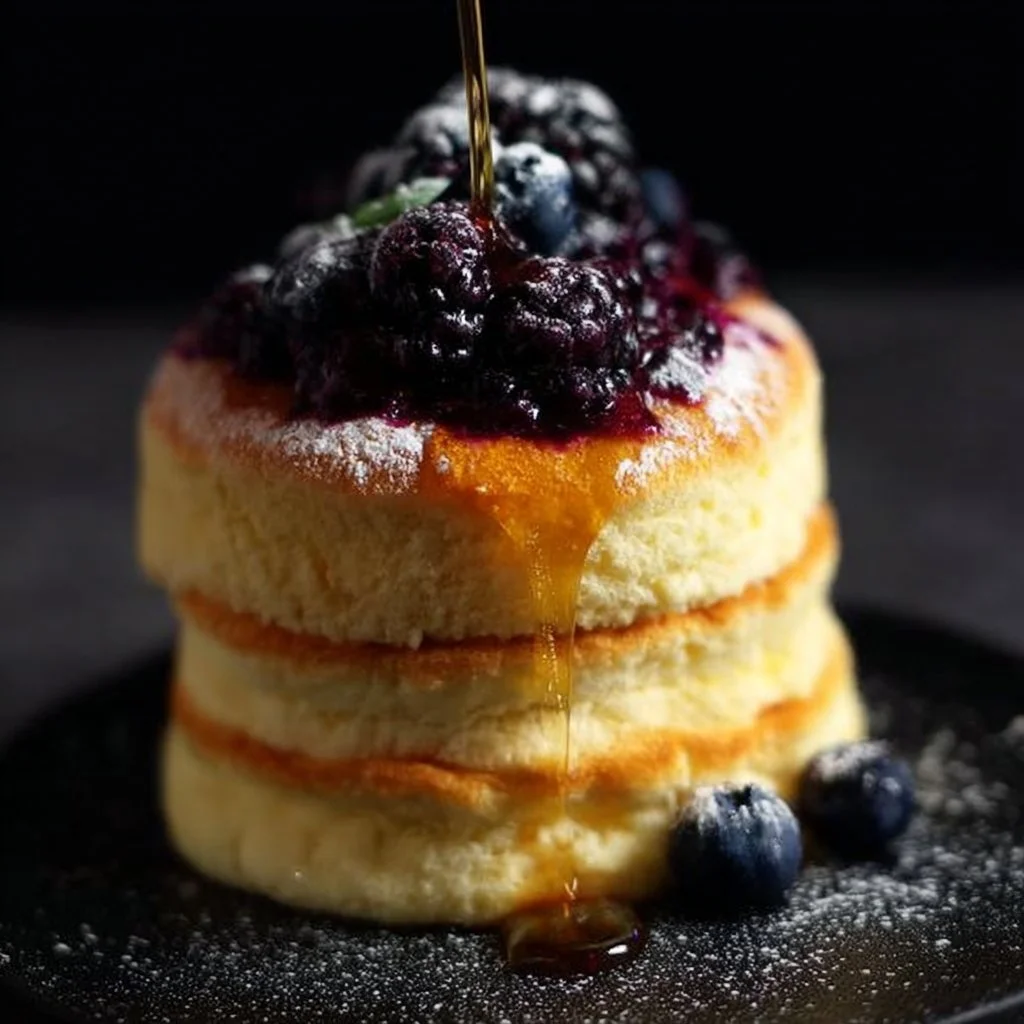 Fluffy Japanese soufflé pancakes stacked on a plate with syrup.