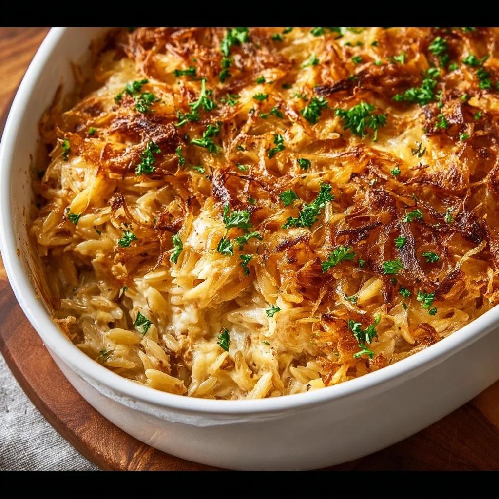 French onion chicken orzo casserole topped with melted cheese and herbs