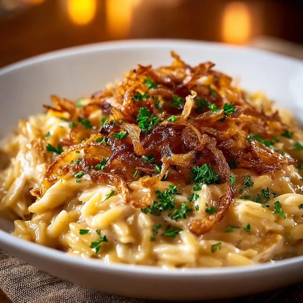 Delicious French Onion Chicken Orzo Casserole topped with melted cheese and herbs.