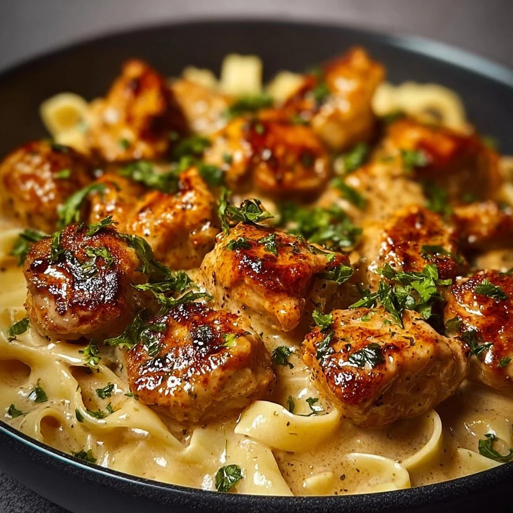 Garlic Butter Chicken Bites served with Creamy Parmesan Pasta in a gourmet dish