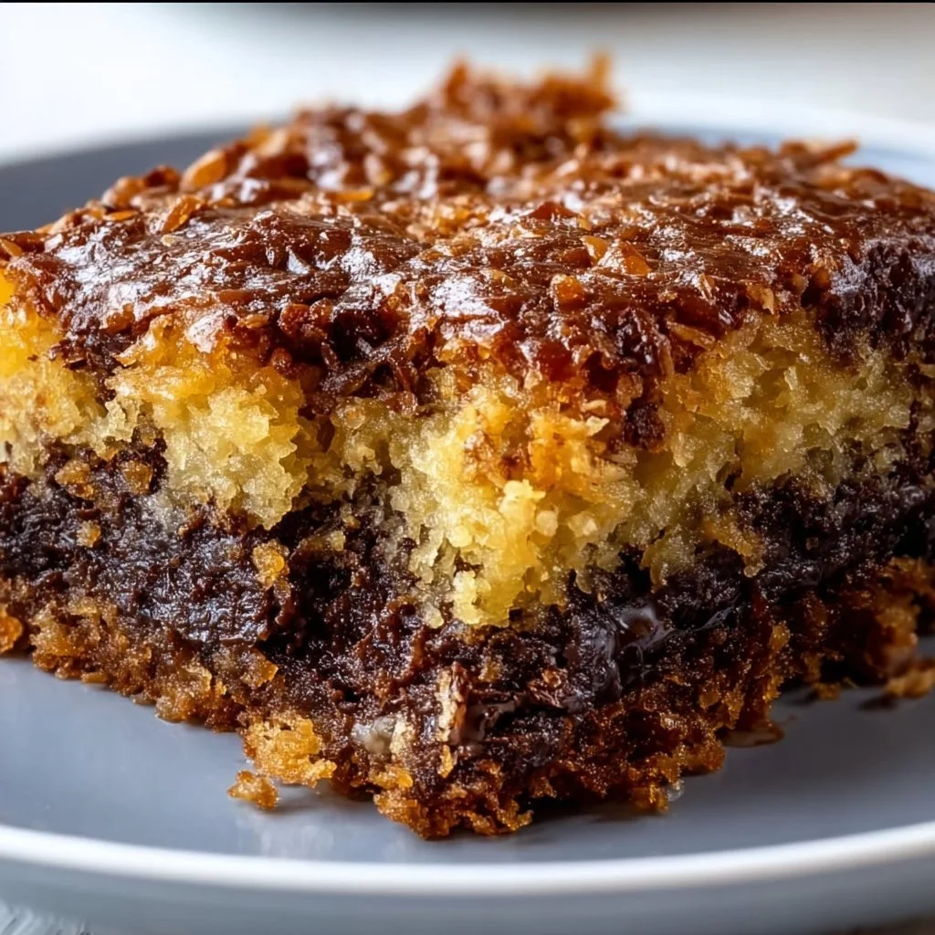 Delicious German Chocolate Dump Cake served on a plate