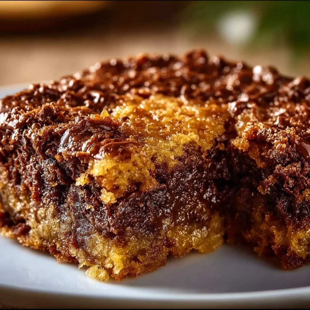 Decadent German chocolate dump cake topped with coconut and pecans