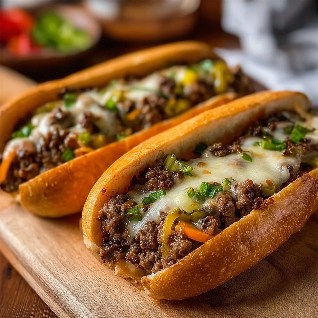 Delicious Ground Beef Philly Cheesesteaks served with toppings and garnishes.