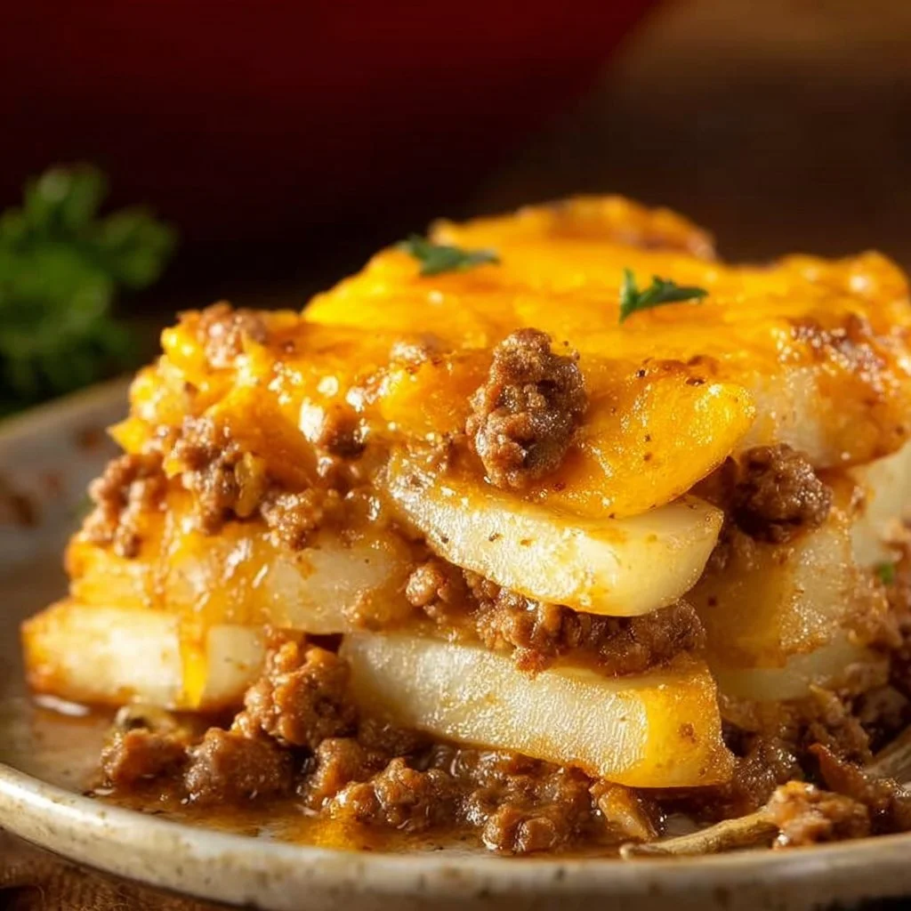 Delicious ground beef potato casserole fresh from the oven
