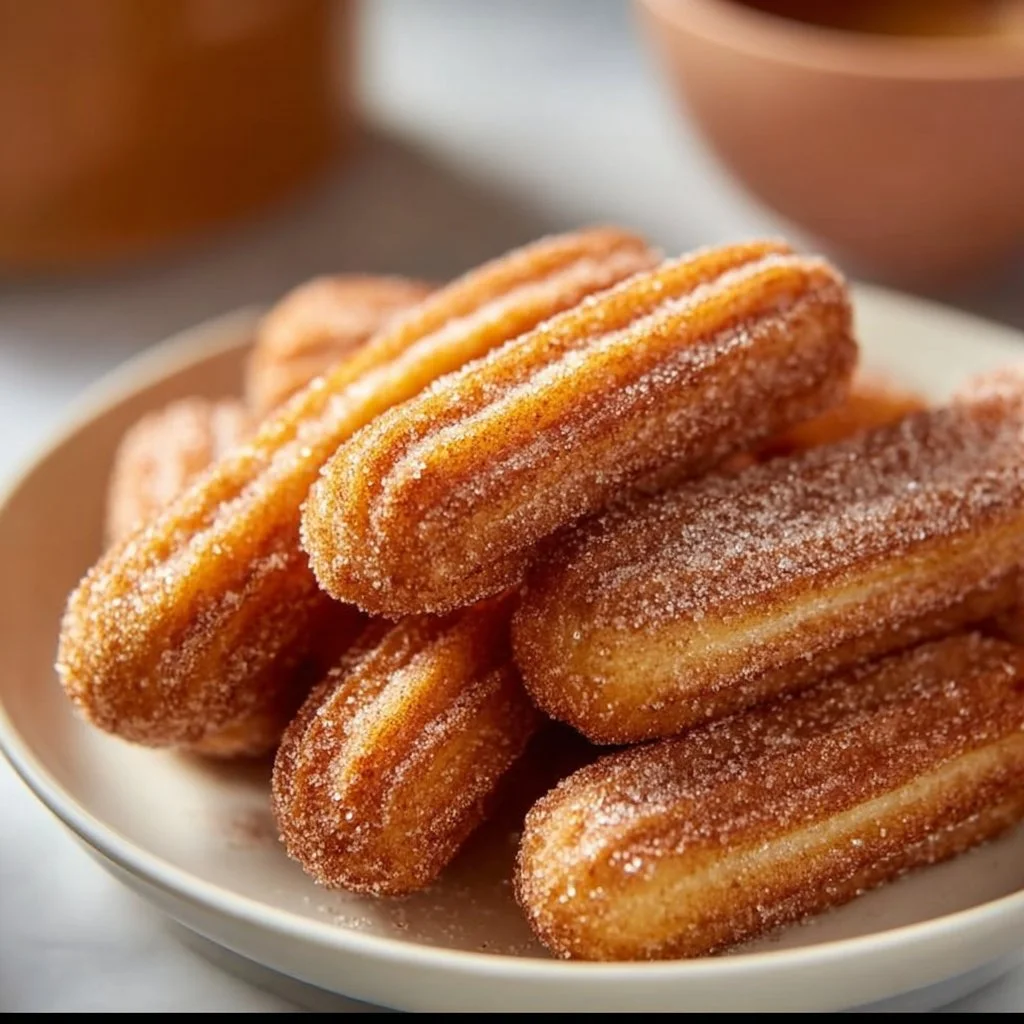 Healthy baked churro bites served on a plate, dusted with cinnamon sugar.