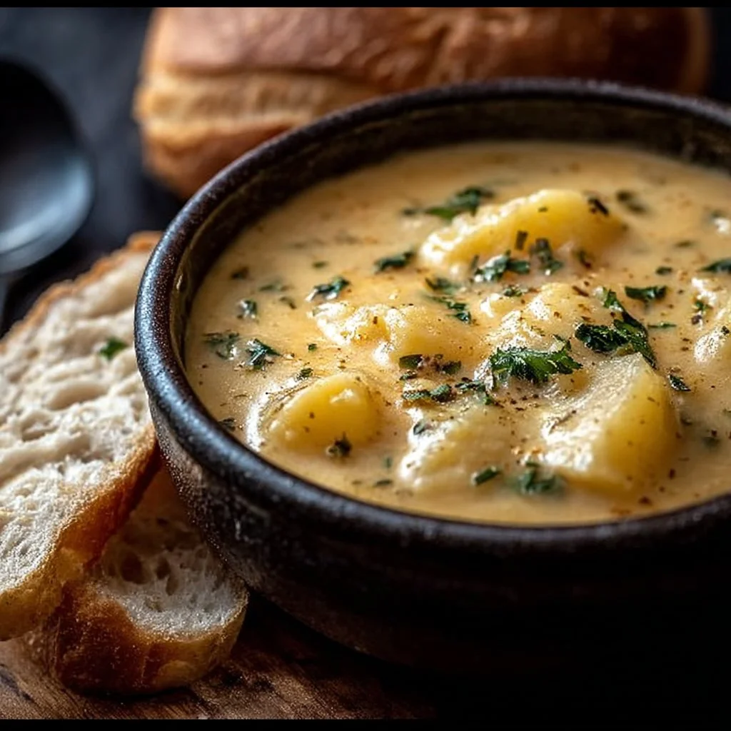 Bowl of hearty cheddar garlic herb potato soup with fresh herbs and croutons