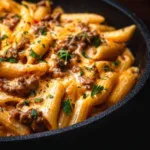 Creamy beef pasta served in a bowl for quick weeknight dinner recipe