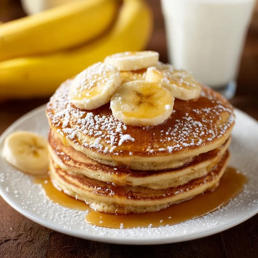 Fluffy brown sugar banana pancakes stacked on a plate
