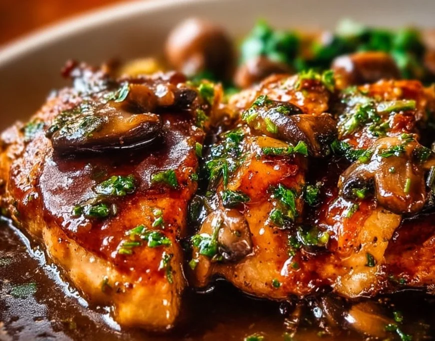 Juicy chicken breast served with rich Madeira sauce and garnished with herbs