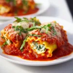 Plate of lasagna roll-ups with melted cheese and herbs