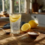 Refreshing lemon baking soda alkaline shot for wellness and health benefits.