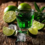 Liquid Marijuana Shot cocktail with vibrant green color and tropical garnishes