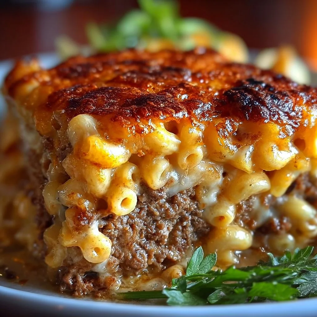 Cheesy mac and cheese meatloaf casserole served in a baking dish.