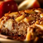 Baked oatmeal with apples, cinnamon, and toppings served in a dish