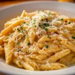 Delicious one pot creamy garlic pasta garnished with parsley.