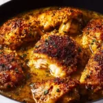 Baked Onion Soup Chicken served on a plate with herbs and crusty bread