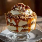 Delicious Pecan Pie Cheesecake Trifle layered with pecans and cheesecake.