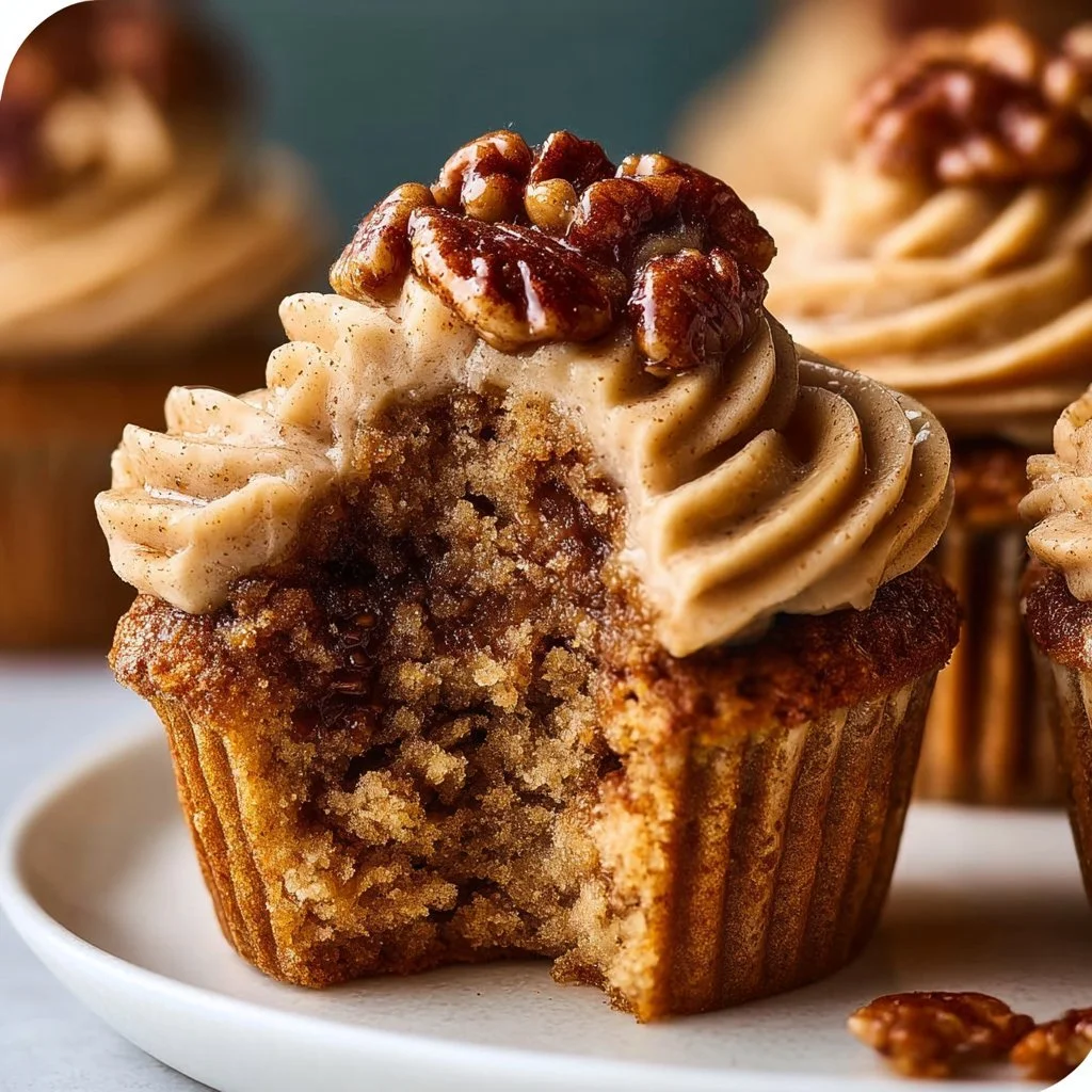 Delicious pecan pie cupcakes with brown sugar frosting on a decorative plate.