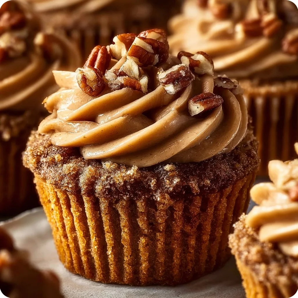 Delicious pecan pie cupcakes with brown sugar frosting on a decorative plate