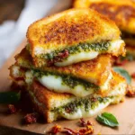 Pesto grilled cheese sandwich with melted cheese and fresh basil