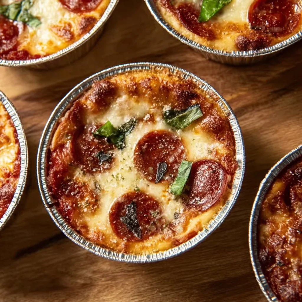 Delicious pizza pot pies showcasing melted cheese and fresh toppings in a flaky crust.