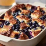 Delicious Quick Blueberry French Toast Casserole served warm with syrup