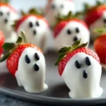 Hauntingly delicious ghost strawberries decorated for Halloween.