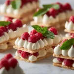 Raspberry Cream Napoleons stacked with flaky pastry and raspberry filling