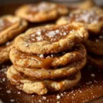 Homemade salted caramel cookies on a plate with sea salt sprinkles