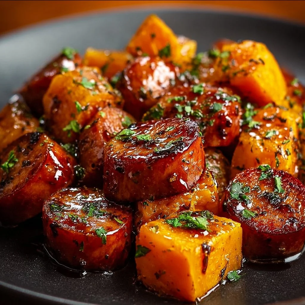 Sausage and sweet potatoes with honey garlic glaze on a plate