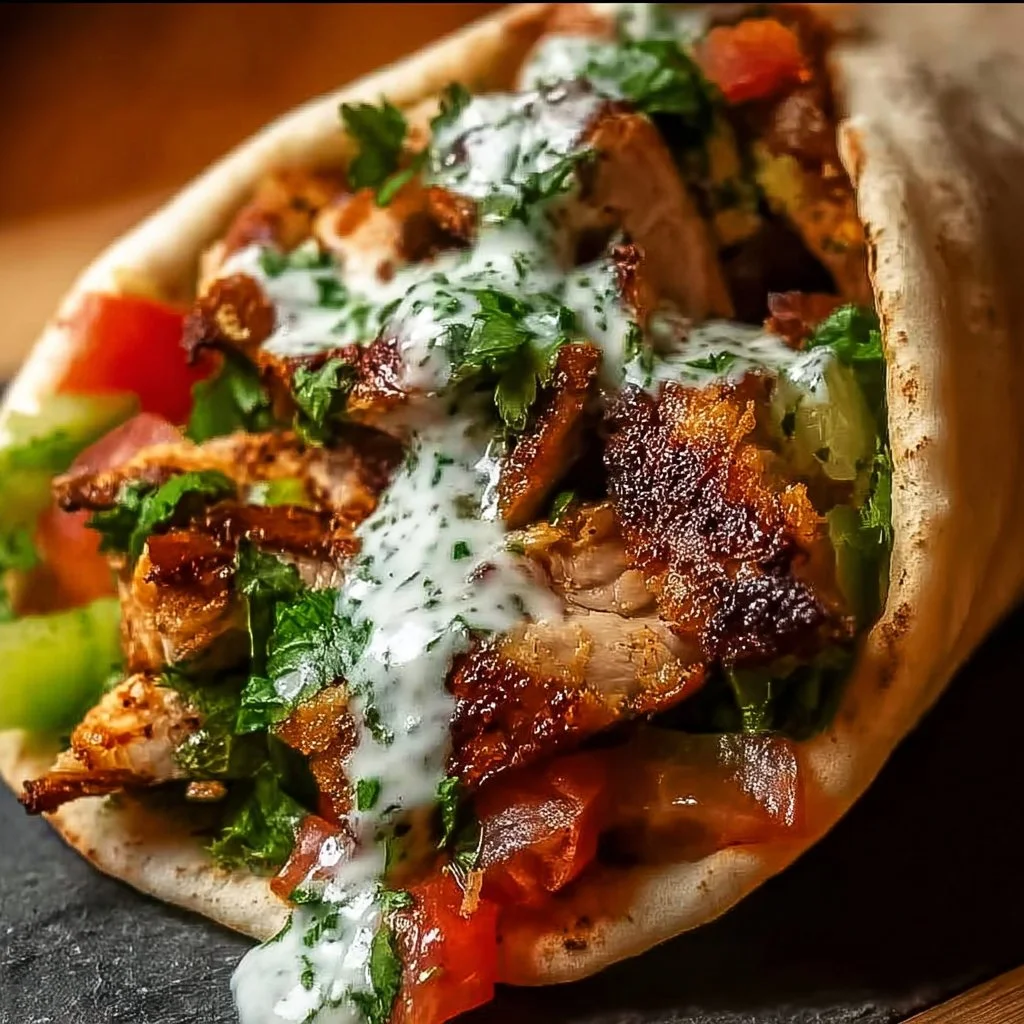 Delicious chicken shawarma with zesty garlic sauce served on a plate