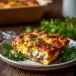 Savory overnight breakfast casserole ready for an easy morning meal