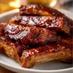 Slow cooker country style ribs served with barbecue sauce and sides