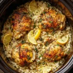 Slow cooker lemon herb chicken served with fluffy rice on a plate.