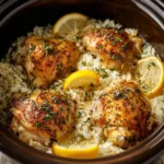 Delicious slow cooker lemon herb chicken served with fluffy rice