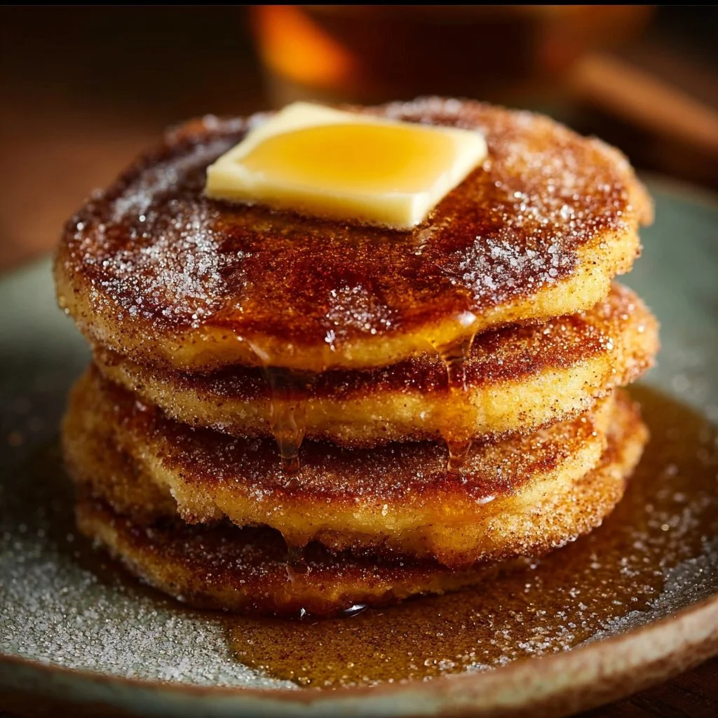 Delicious churro pancakes stacked on a plate, dusted with cinnamon sugar.