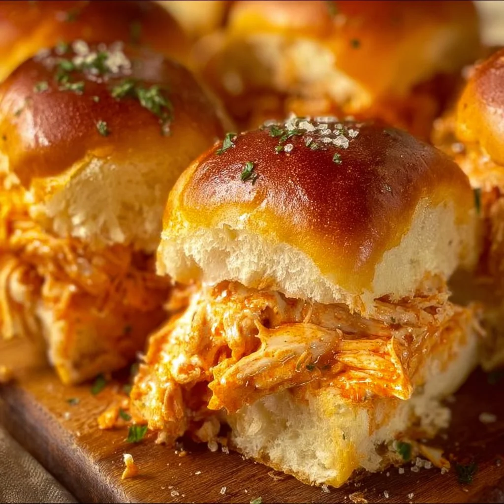 Spicy Buffalo chicken sliders served on a platter with fresh toppings