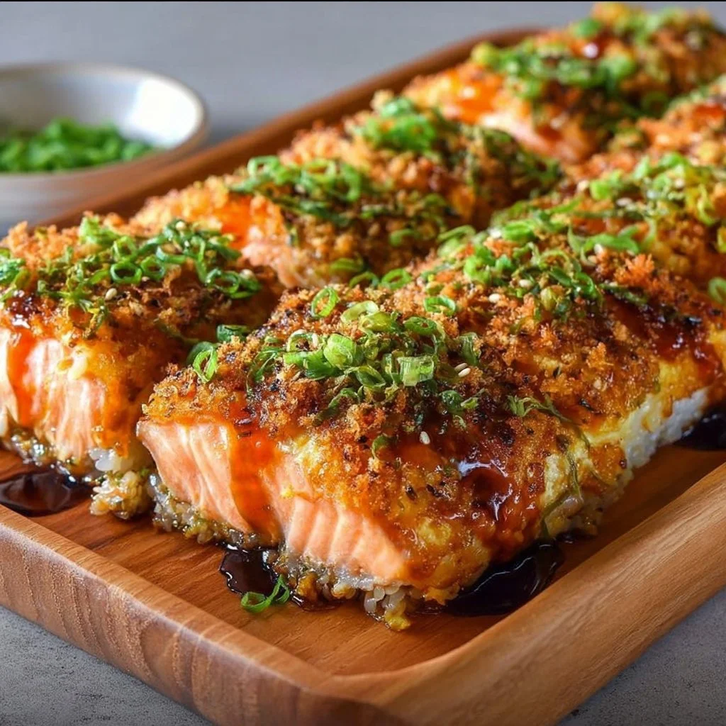 Baked salmon sushi with spicy toppings in a casserole dish for a tasty meal
