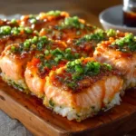 Spicy salmon sushi bake freshly prepared in a baking dish