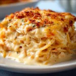 Spicy Southern Cheesy Chicken Spaghetti Casserole topped with cheese and spices