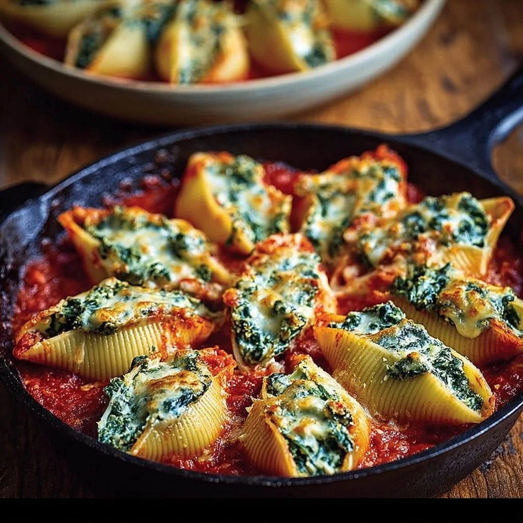 Spinach and Ricotta Stuffed Shells topped with marinara sauce and cheese