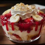 Delicious Strawberry Banana Pudding Dream dessert in a glass with fresh fruit toppings.