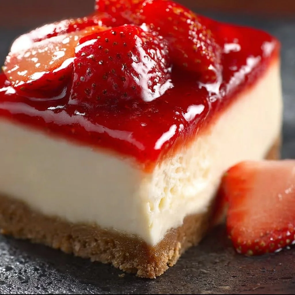 Strawberry Cheesecake Reeses dessert showcasing a creamy cheesecake topped with strawberries.