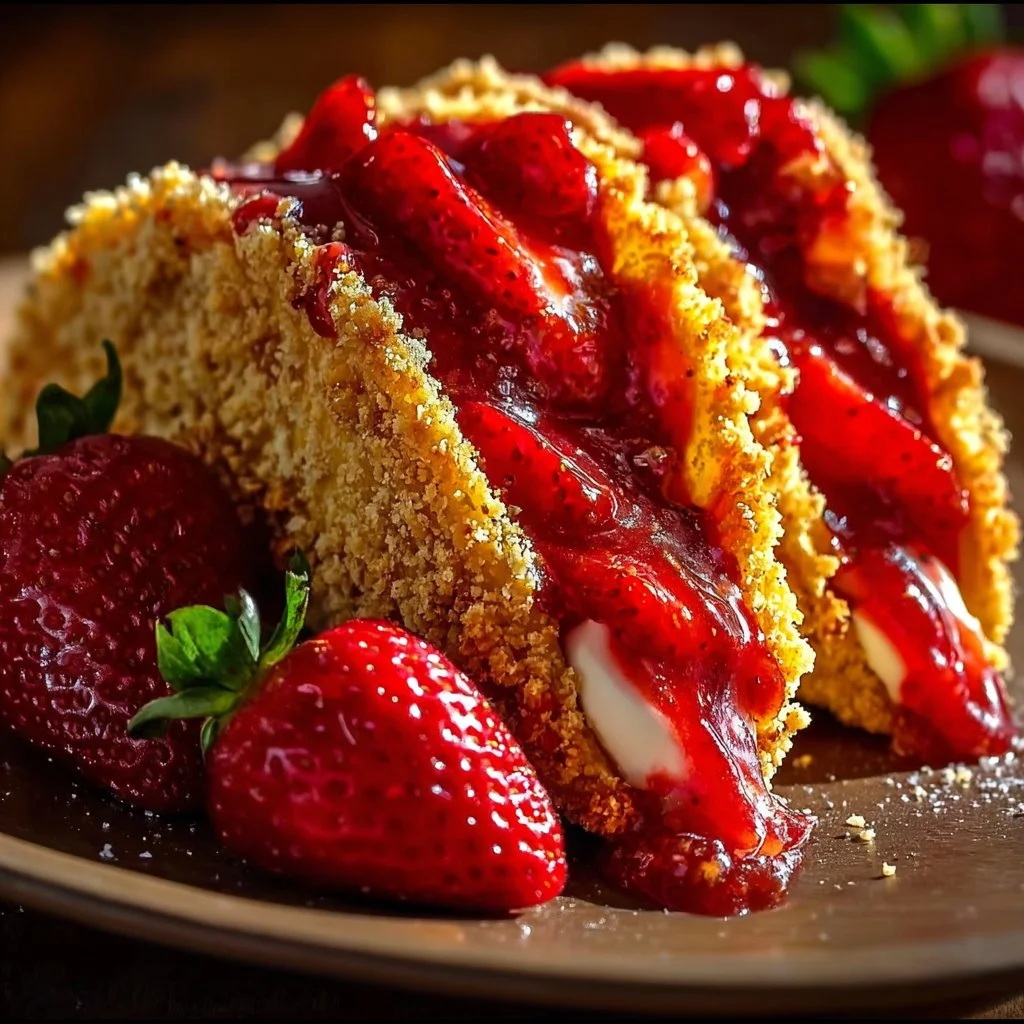 Delicious strawberry crunch cheesecake tacos on a plate