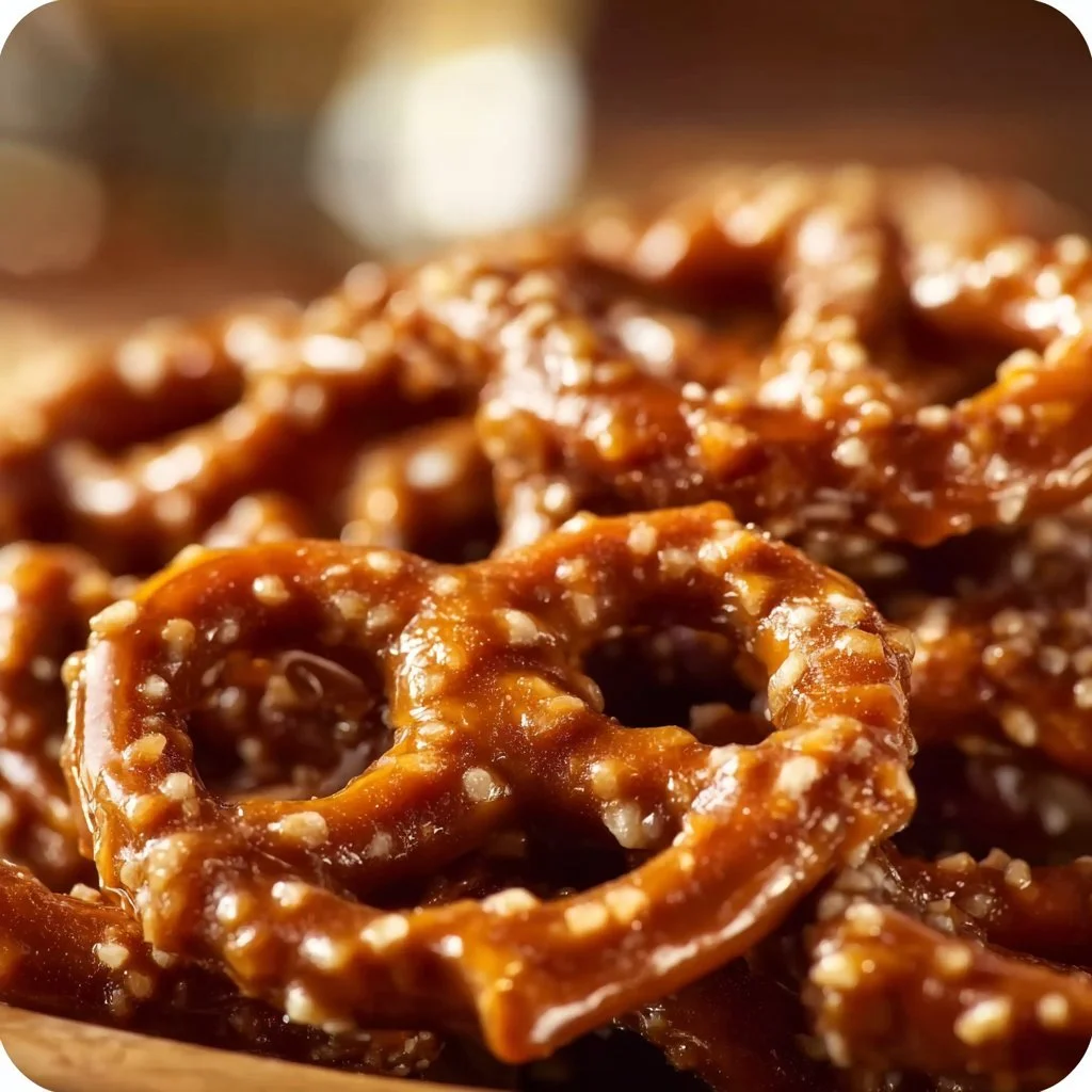 Delicious butter toffee pretzels coated in rich caramel flavor, perfect snack.