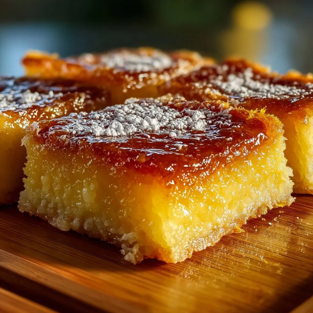 Two-ingredient homemade lemon bars on a plate with lemon slices