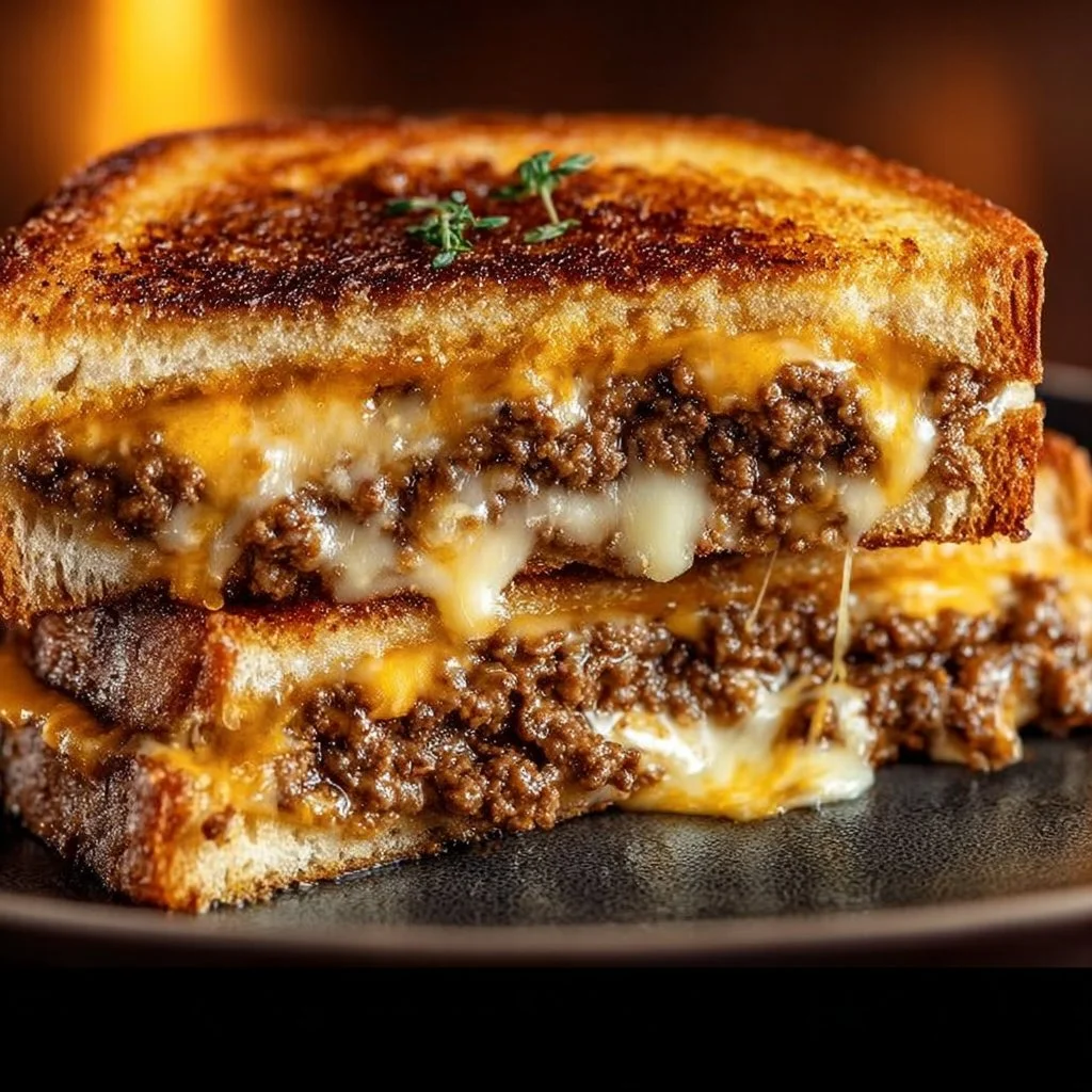 Delicious ultimate cheesy ground beef melt with melted cheese over cooked beef